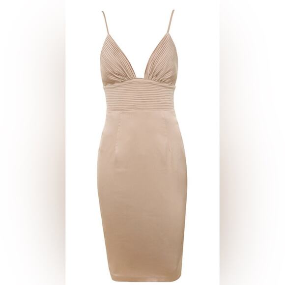 HOUSE OF CB Ronel Nude Tan Beige Champagne Gold Silky Satin Pin Tuck MIDI Dress - Picture 14 of 14